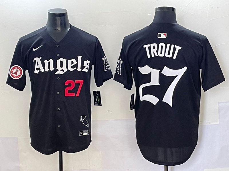 Men 2025 Los Angeles Angels #27 Trout Black Five generations Joint Name Nike MLB Jersey style 9
